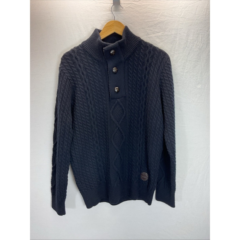 Mens Barbour 'Kirkham half button" Chunky Cable Knit Cardigan Navy Blue MD